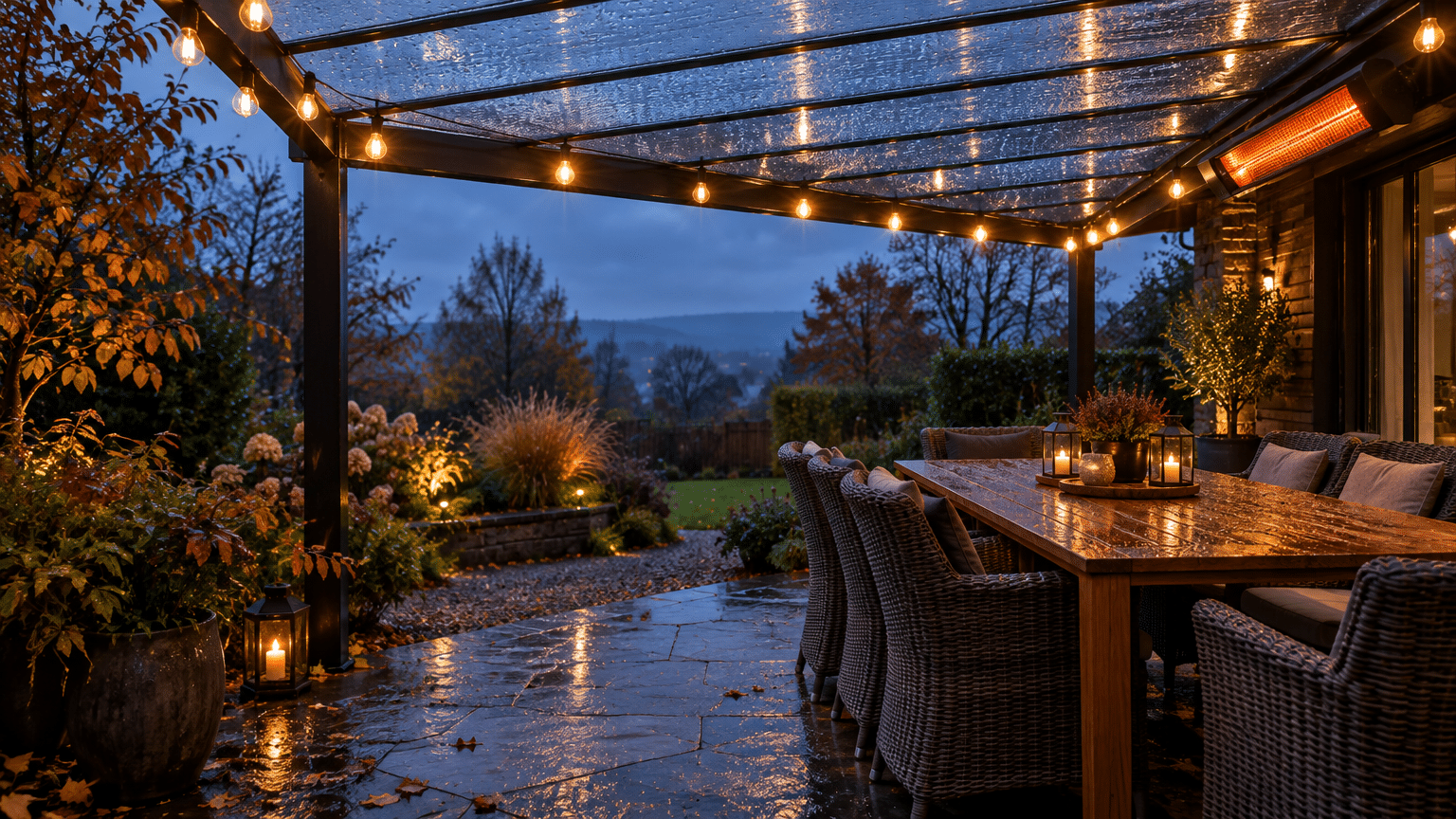 Outdoor patio with string lights and wicker furniture under rain-soaked glass roof at dusk