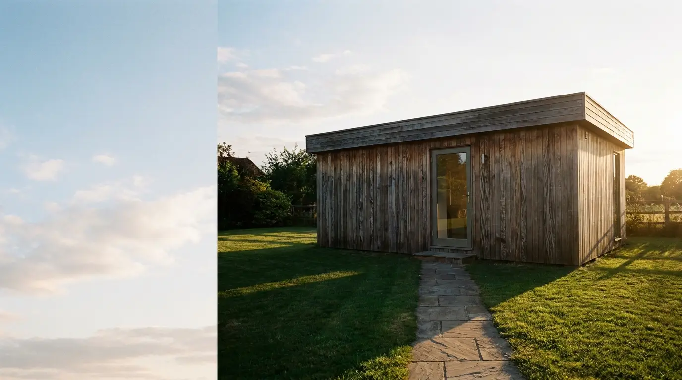 Wooden shed on a sunlit grassy lawn with a stone path in a rural setting