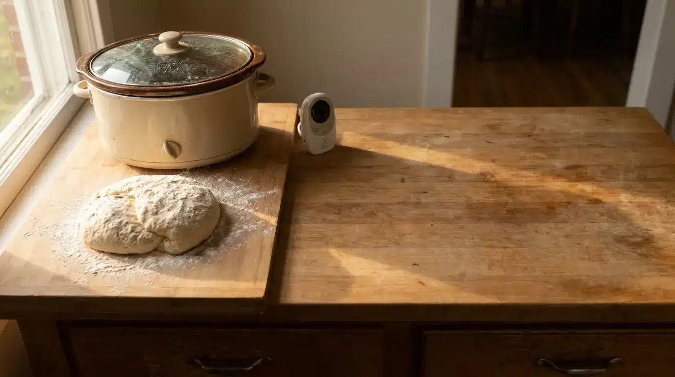 Dough resting on floured wooden counter beside crockpot in sunlit kitchen setting