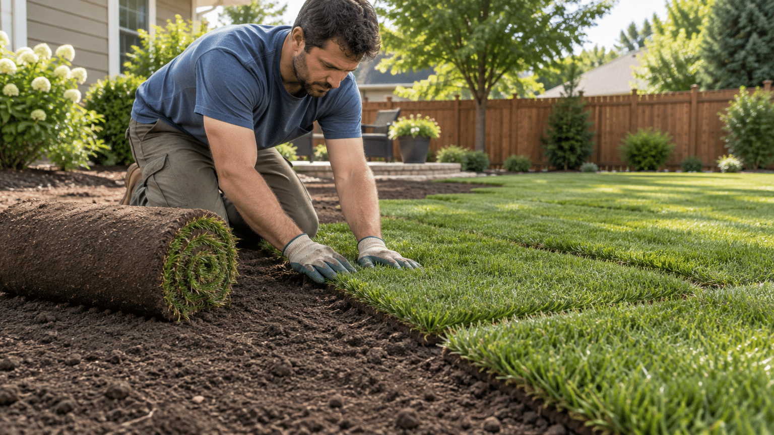 Man laying sod rolls on garden soil in backyard with wooden fence and green trees