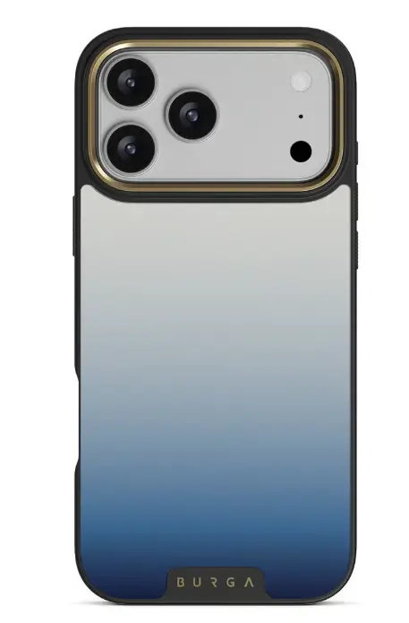 Smartphone with triple camera setup in gradient blue and gray case on white background