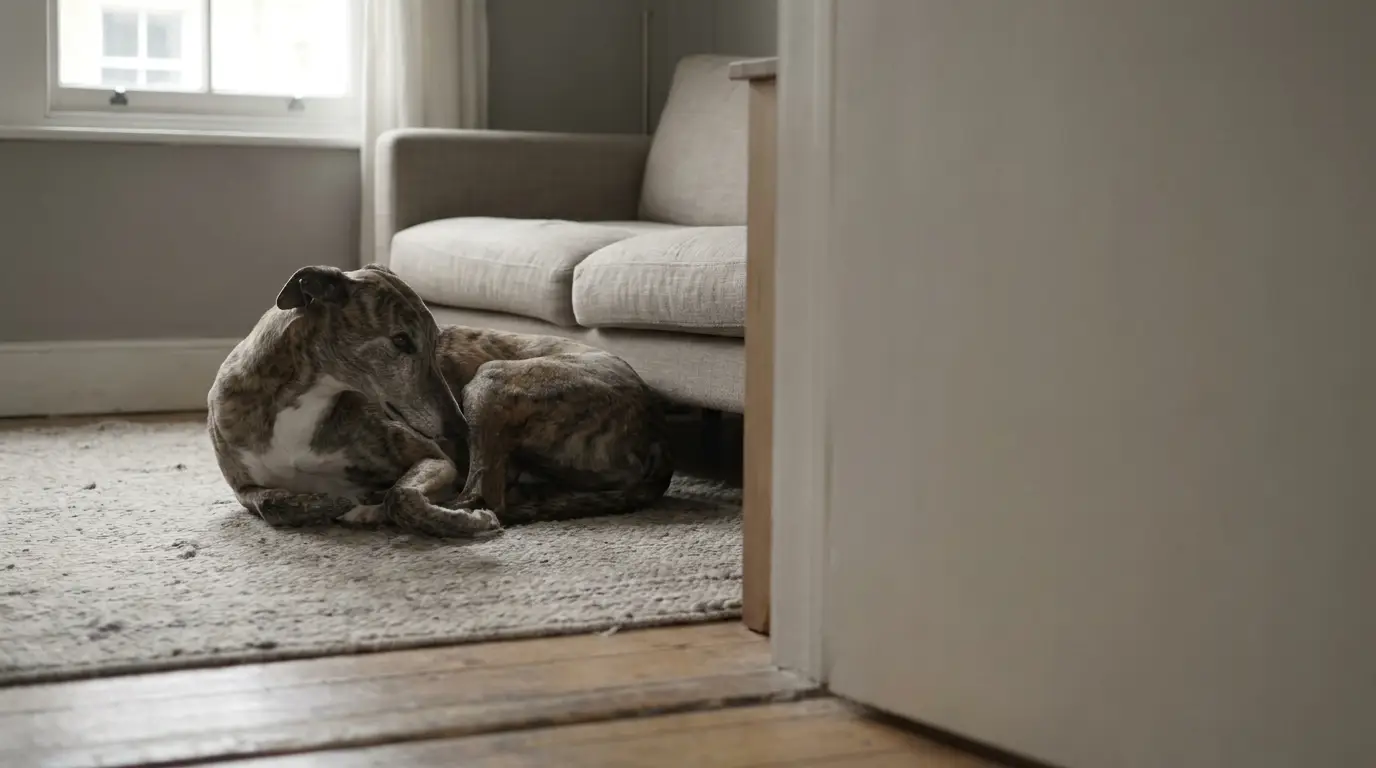 Brindle greyhound resting on a light beige rug in a cozy living room setting