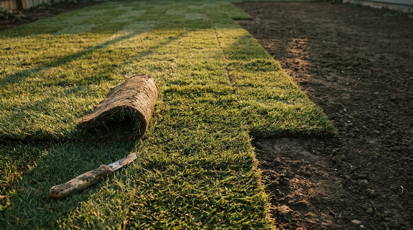 Rolled sod being laid on garden soil with a gardening knife nearby in warm light
