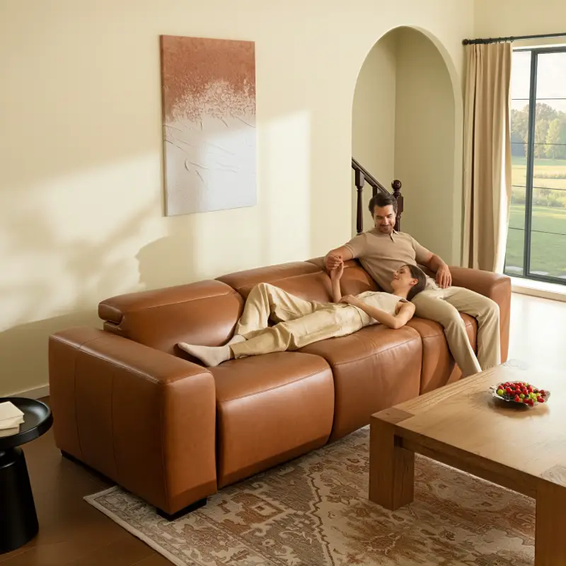 Couple relaxing on brown leather sofa in sunlit living room with wooden coffee table