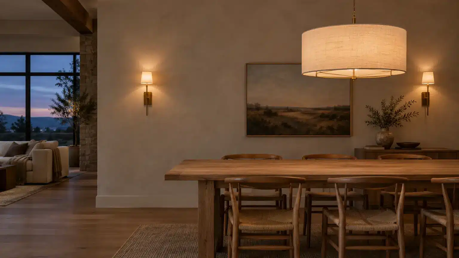 Wooden dining table and chairs in warmly lit room with wall sconces and large pendant light