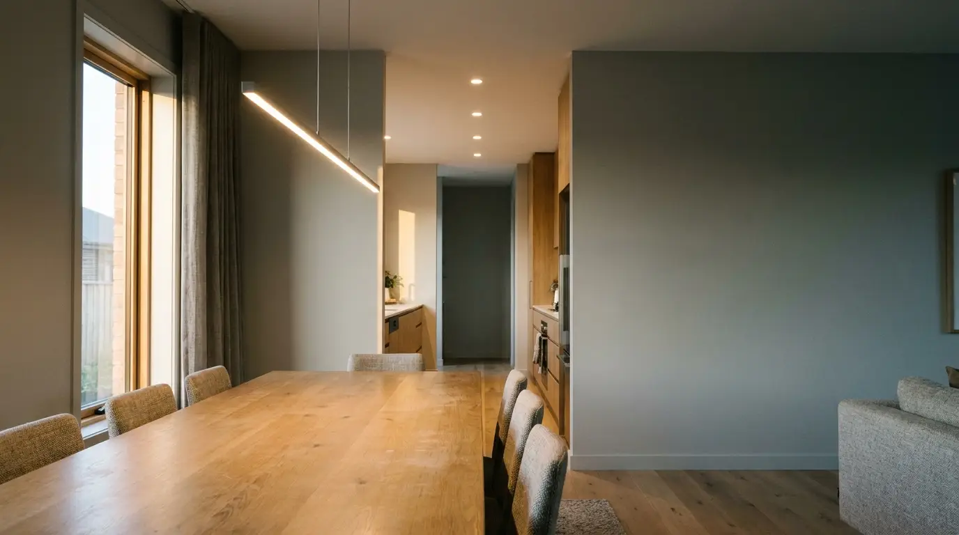 Spacious dining room with wooden table and chairs, minimalistic design, natural light from window