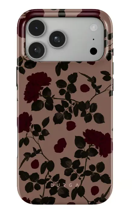 Smartphone with floral-patterned case featuring dark red roses and green leaves