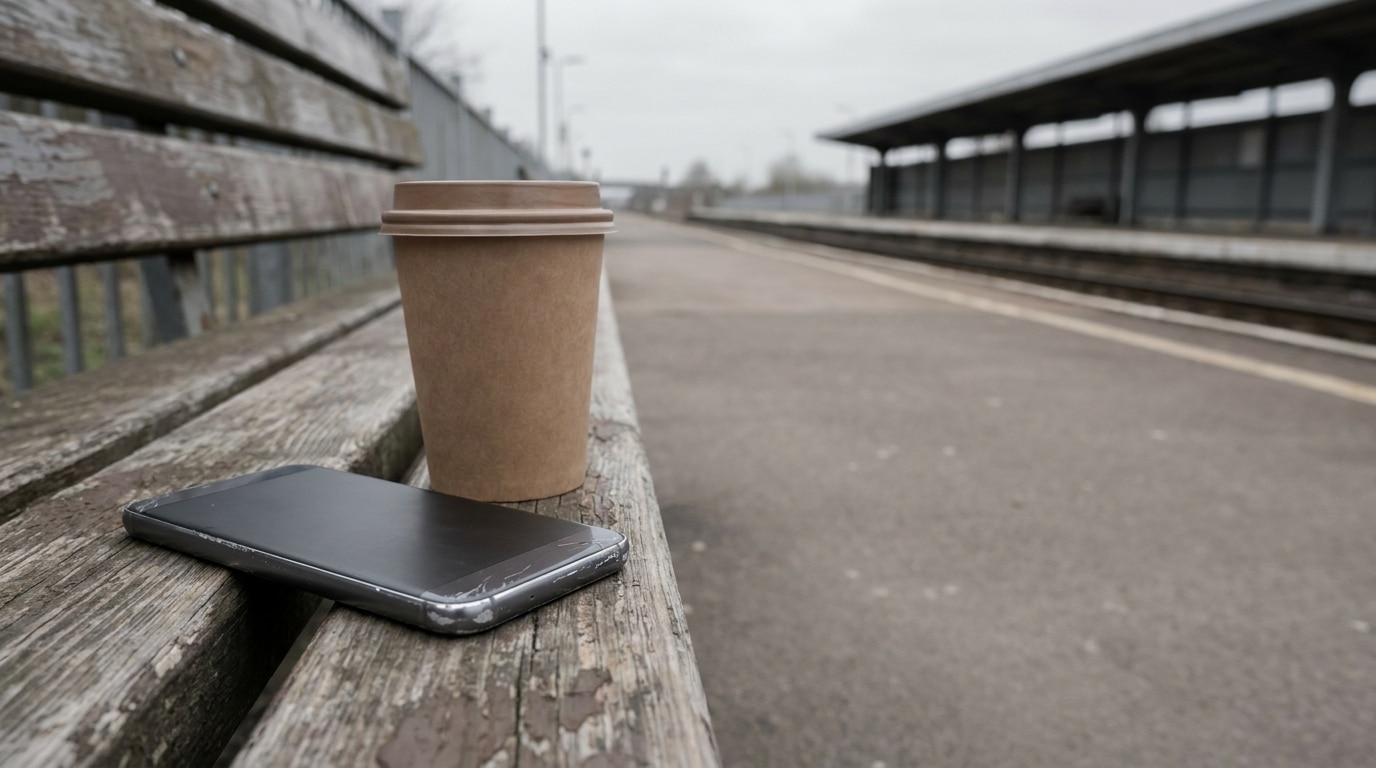 Smartphone and paper cup on wooden bench at empty train station platform
