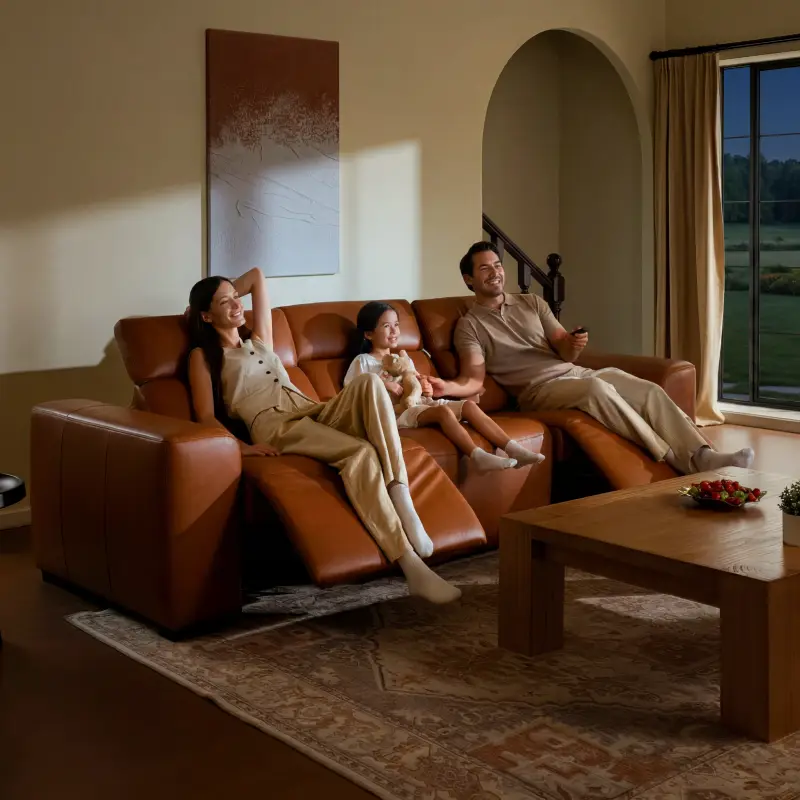 Family relaxing on brown leather sofa in cozy living room with warm lighting