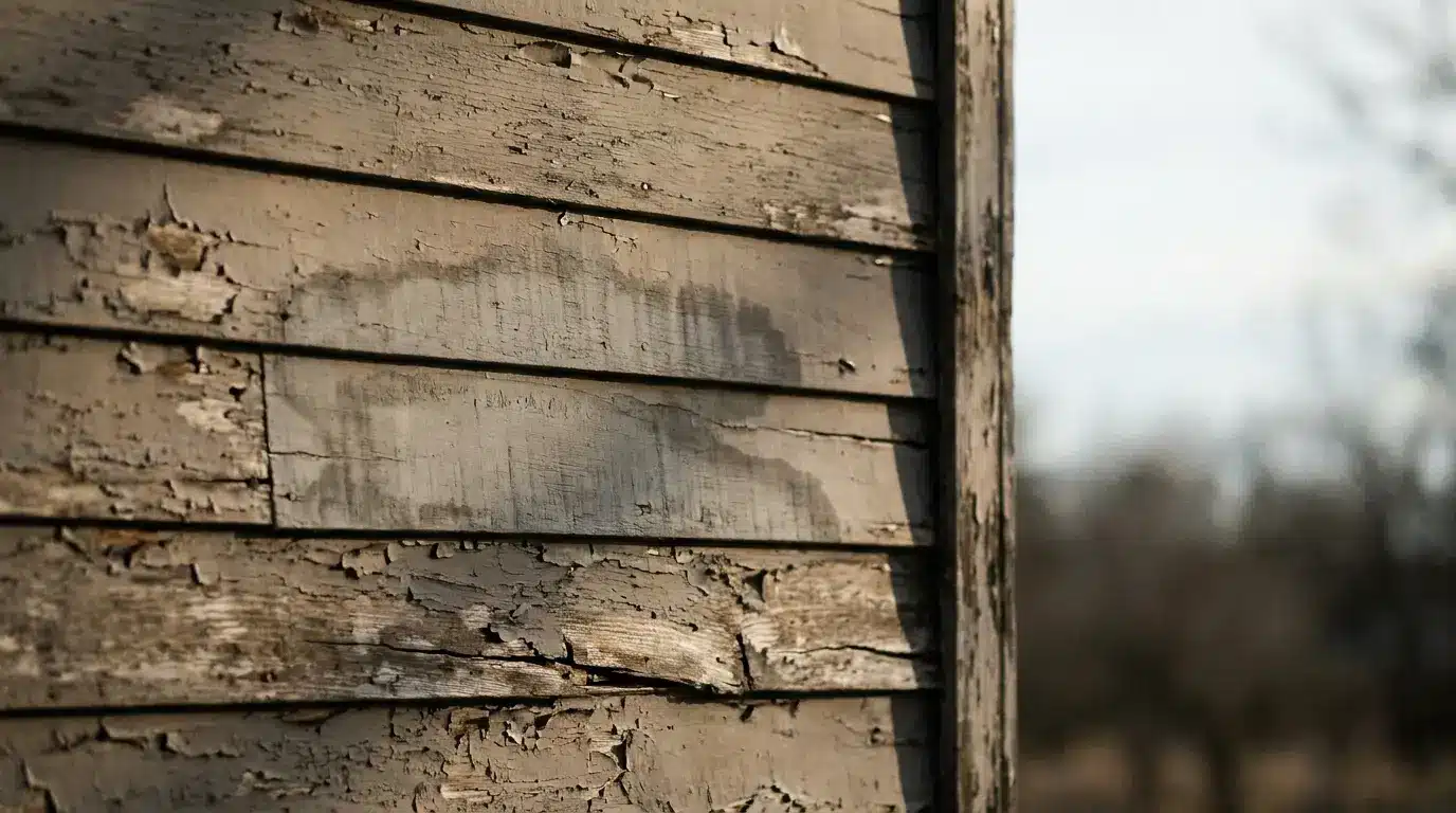 Weathered wood siding with peeling paint and damp grey staining spreading across lapped exterior boards