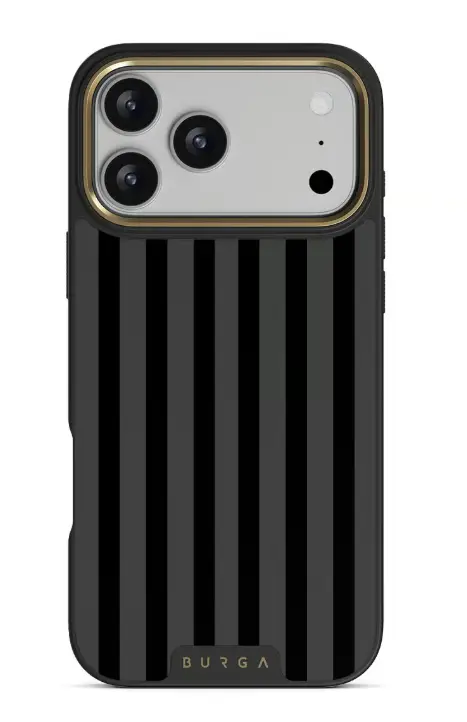 Smartphone with black striped case featuring gold accents and triple camera setup
