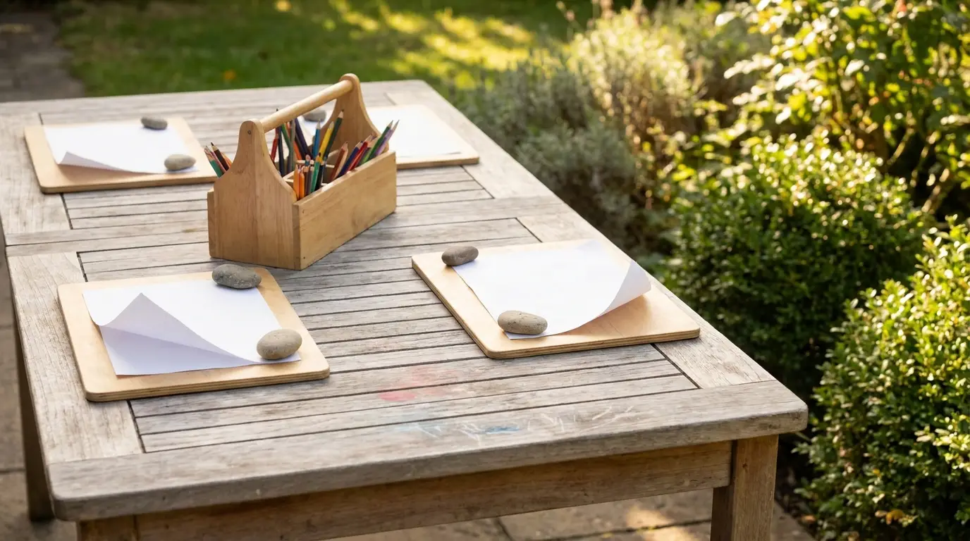 Colored pencils and paper on wooden outdoor table in sunny garden setting