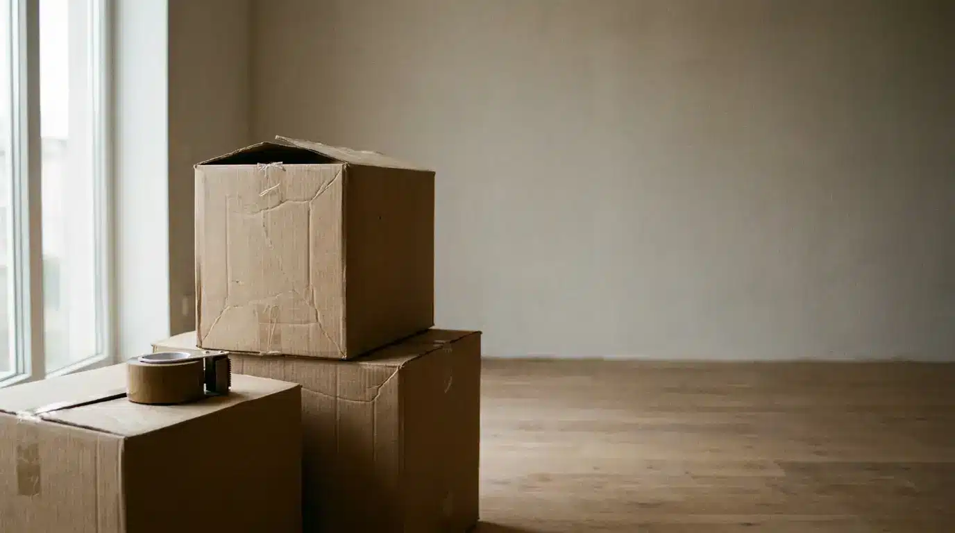 Cardboard boxes stacked near large window in empty room with wooden floor