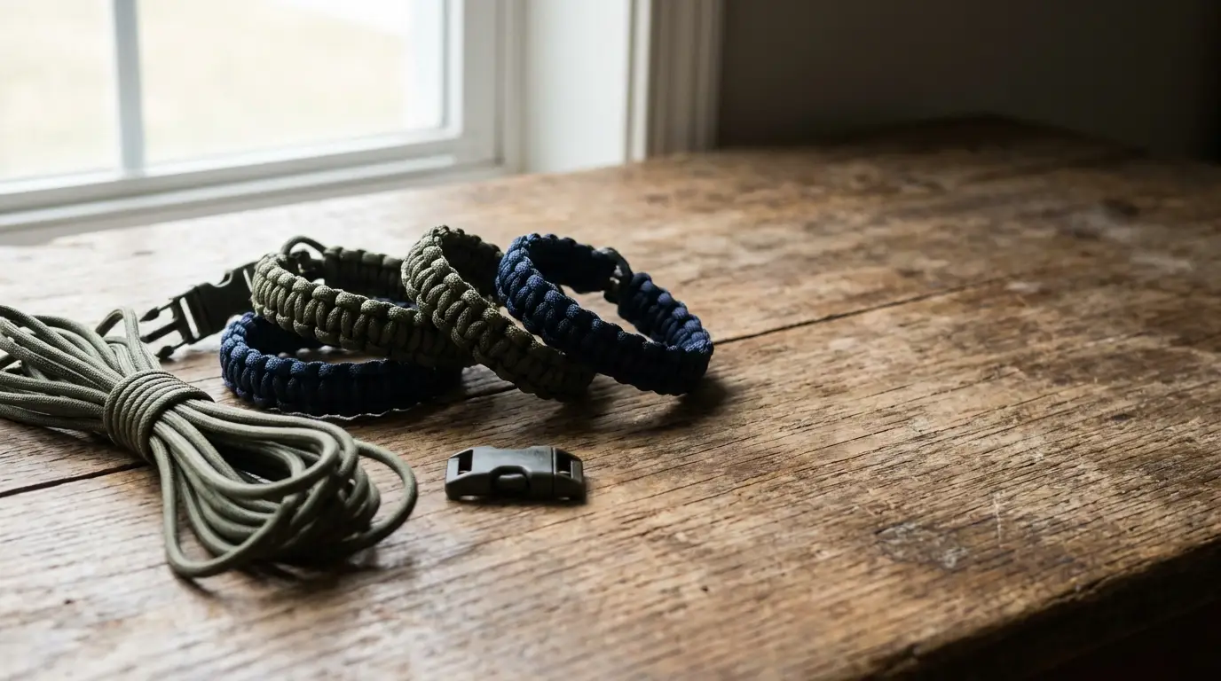 Paracord bracelets and coiled rope on rustic wooden table near window