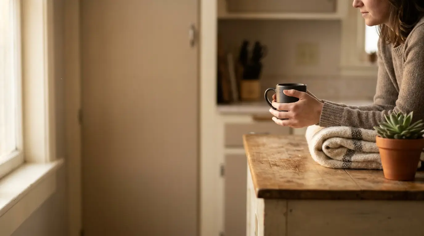 Person holding mug near folded blanket on wooden table with potted succulent in cozy kitchen