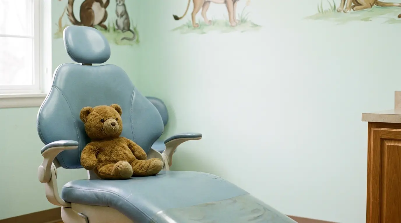 Teddy bear on a blue dental chair in a pediatric dentist office with animal murals