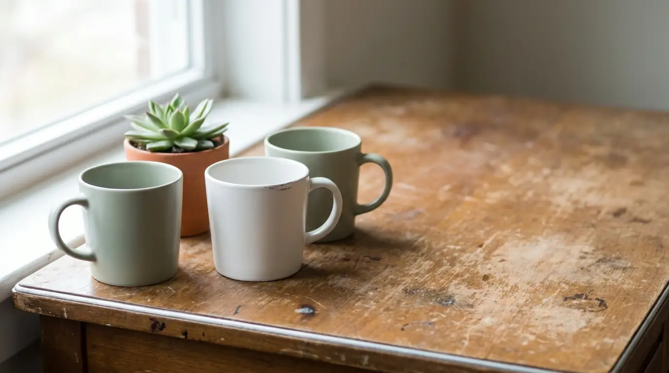 Three ceramic mugs and a small potted plant on a rustic wooden table