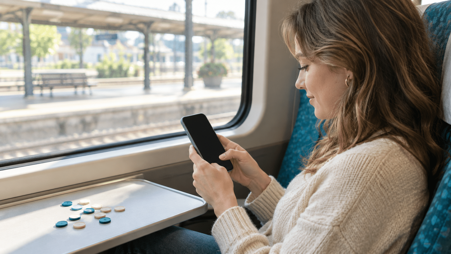 Woman using smartphone on train with colored tokens on table
