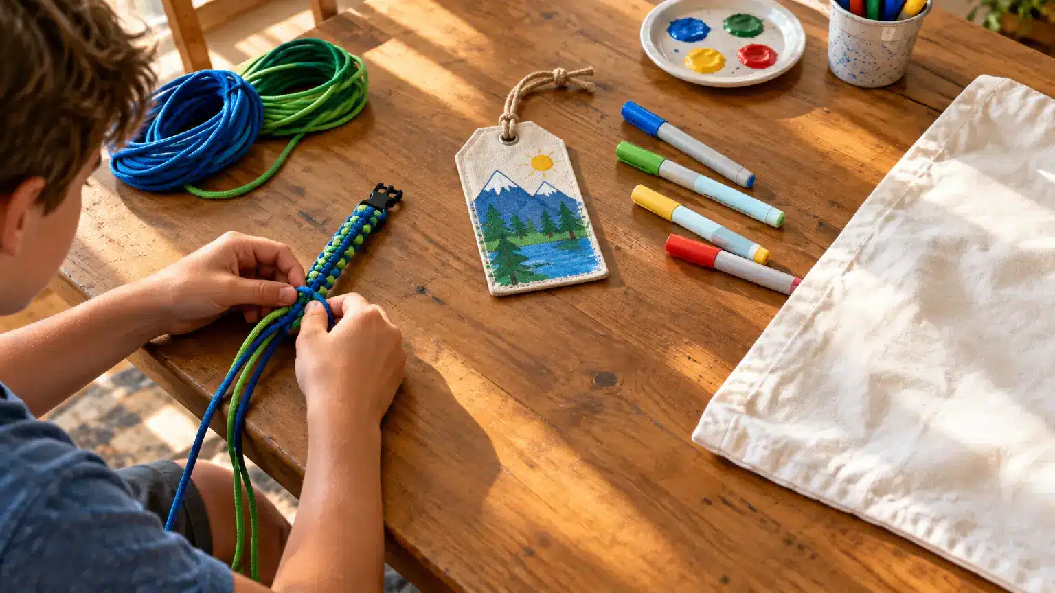 Boy weaving a blue and green paracord bracelet at wooden table with art supplies nearby