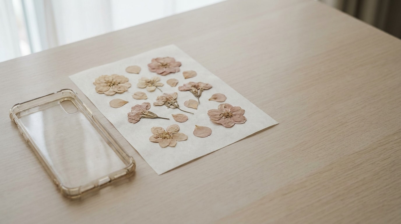 Pressed flowers arranged on paper next to clear phone case on light wooden table
