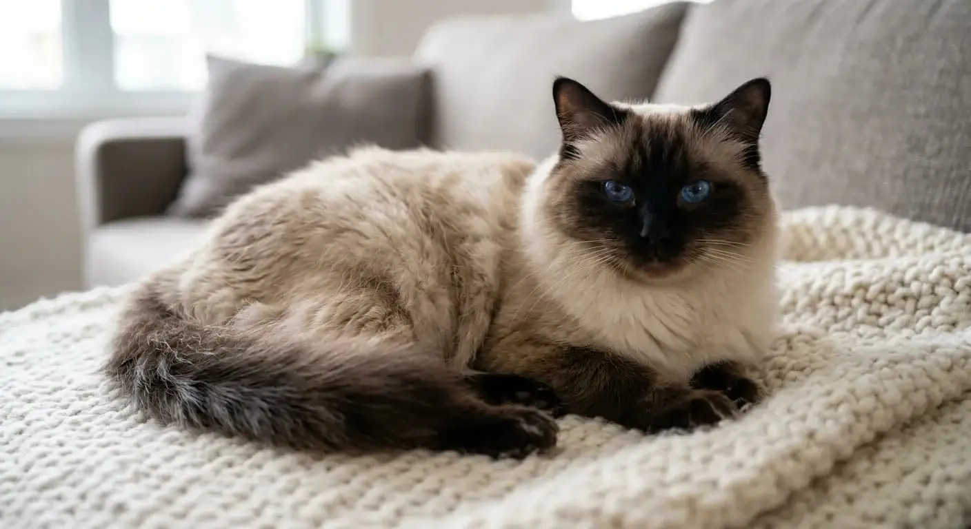 Siamese cat with blue eyes resting on a knitted blanket in a cozy living room