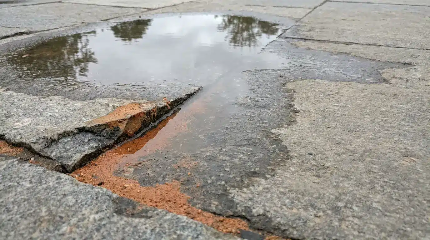 Rainwater pooled in a shallow low spot on grey stone paving with orange sediment settled in the joints