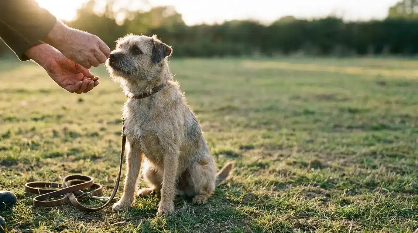 Dog sitting on grassy field receiving treat from person at sunset