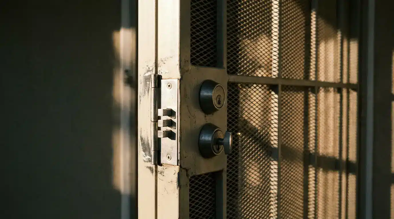 Close-up of a metal security door with dual locks in warm sunlight