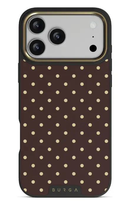 Smartphone with polka dot case and triple-lens camera module in studio setting