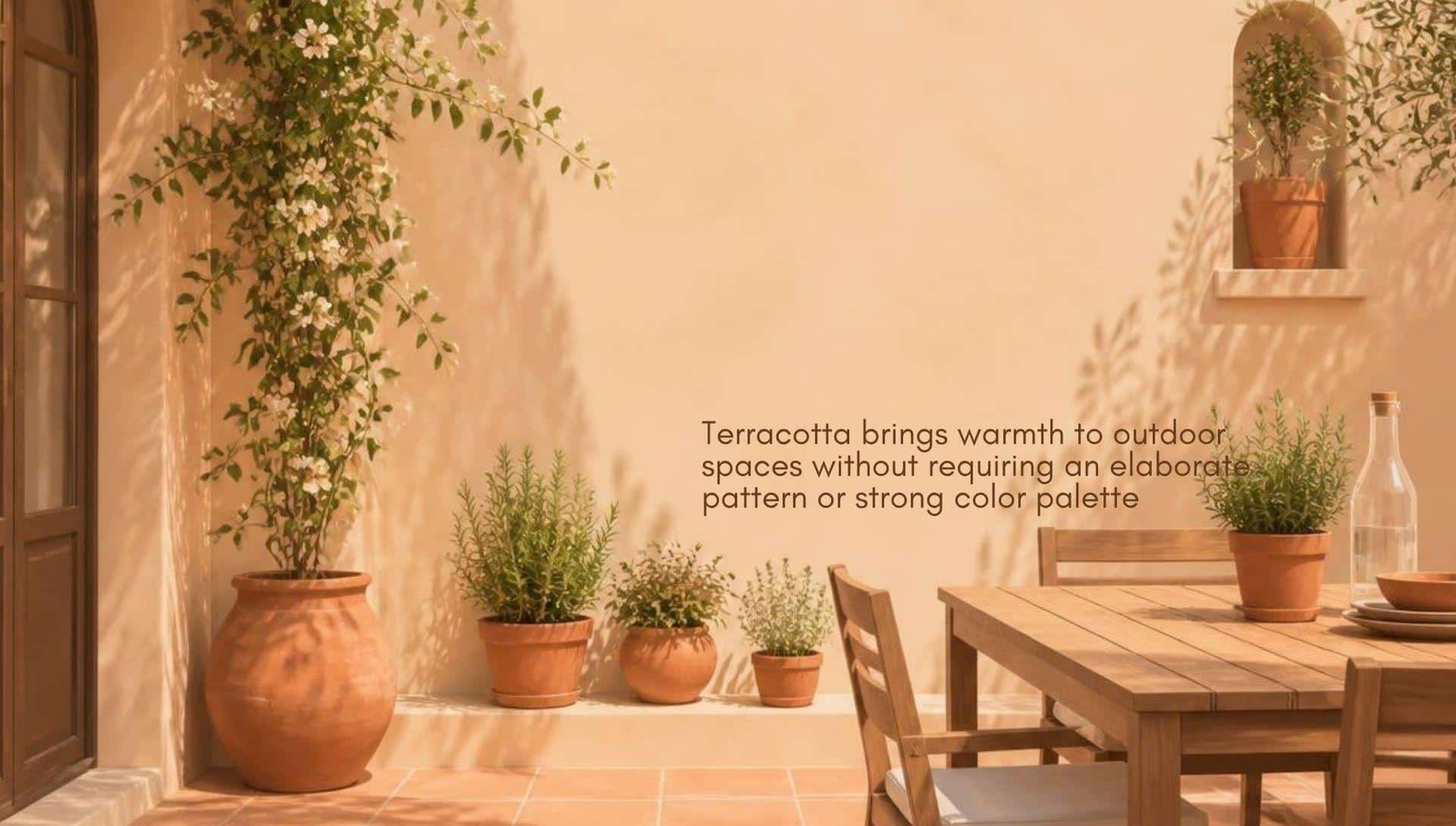 Terracotta planters with green plants and wooden furniture in sunlit outdoor patio