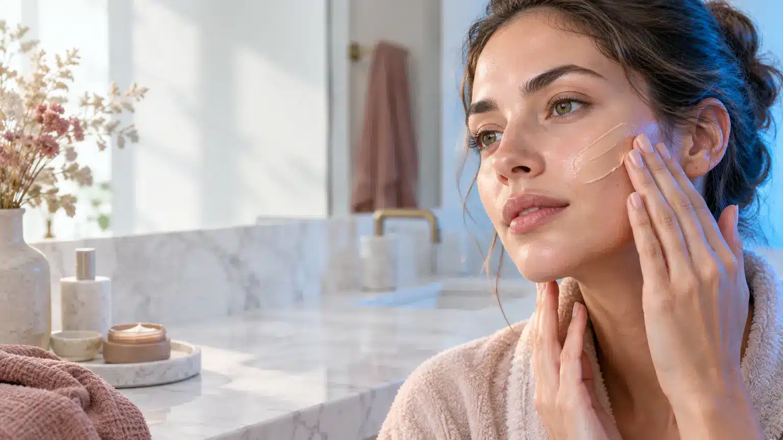 Woman applying skincare cream on face in bright bathroom with marble countertop