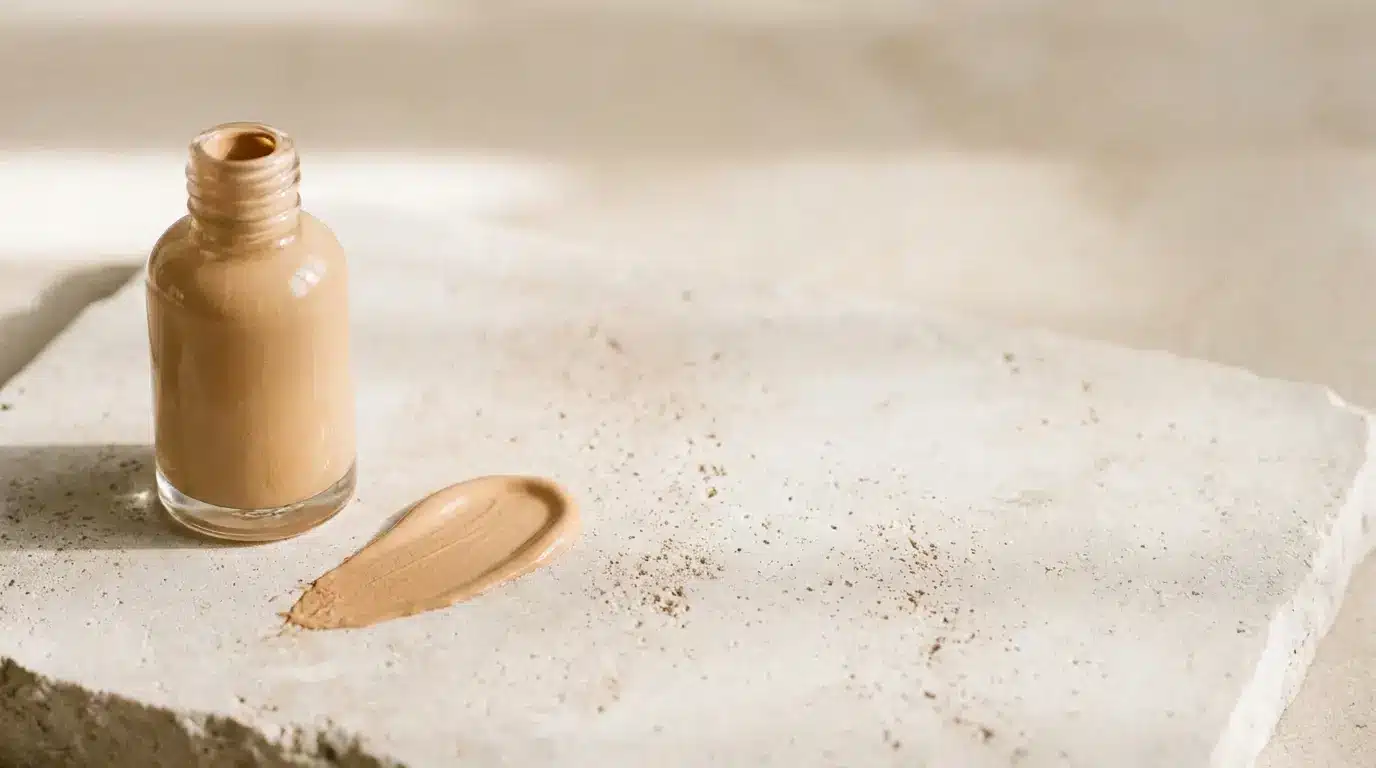 Open bottle of foundation with makeup swatch on light stone surface